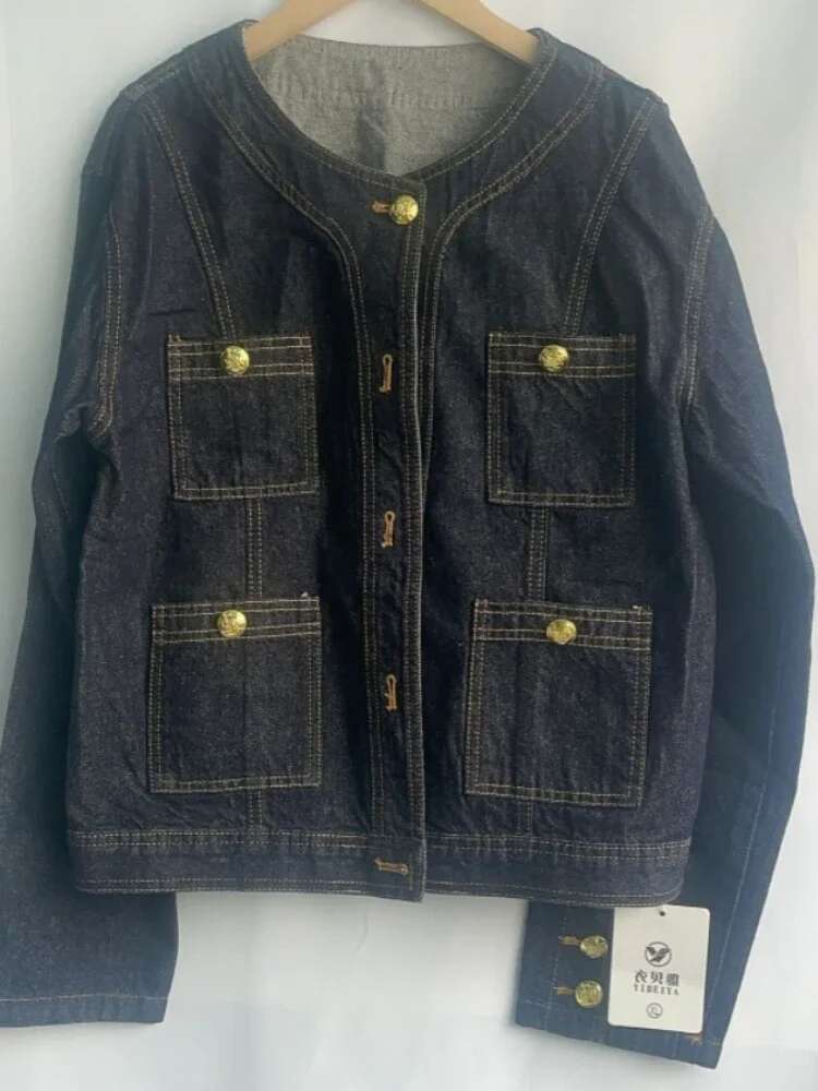 Vintage Jean Jackets Womens Clothing Temperament Tops O-neck Tunic Long Sleeve Casual Pockets Chic Y2k Coat 2025 Ropa Mujer