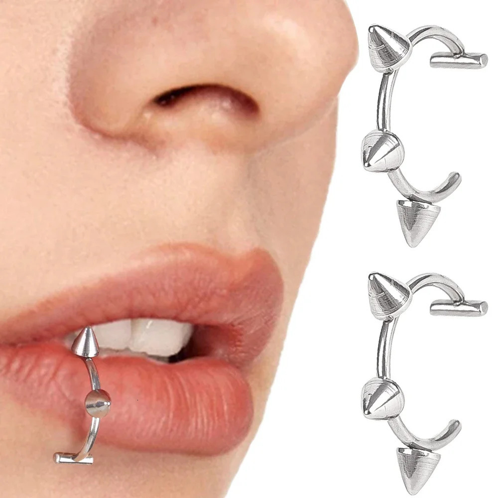 C Shaped Punk Nose Lips Rings Stainless Steel Lip Ring Rivet Clip on Non Body Piercing Hoop Ring for Women Men Non-Pierced 250617