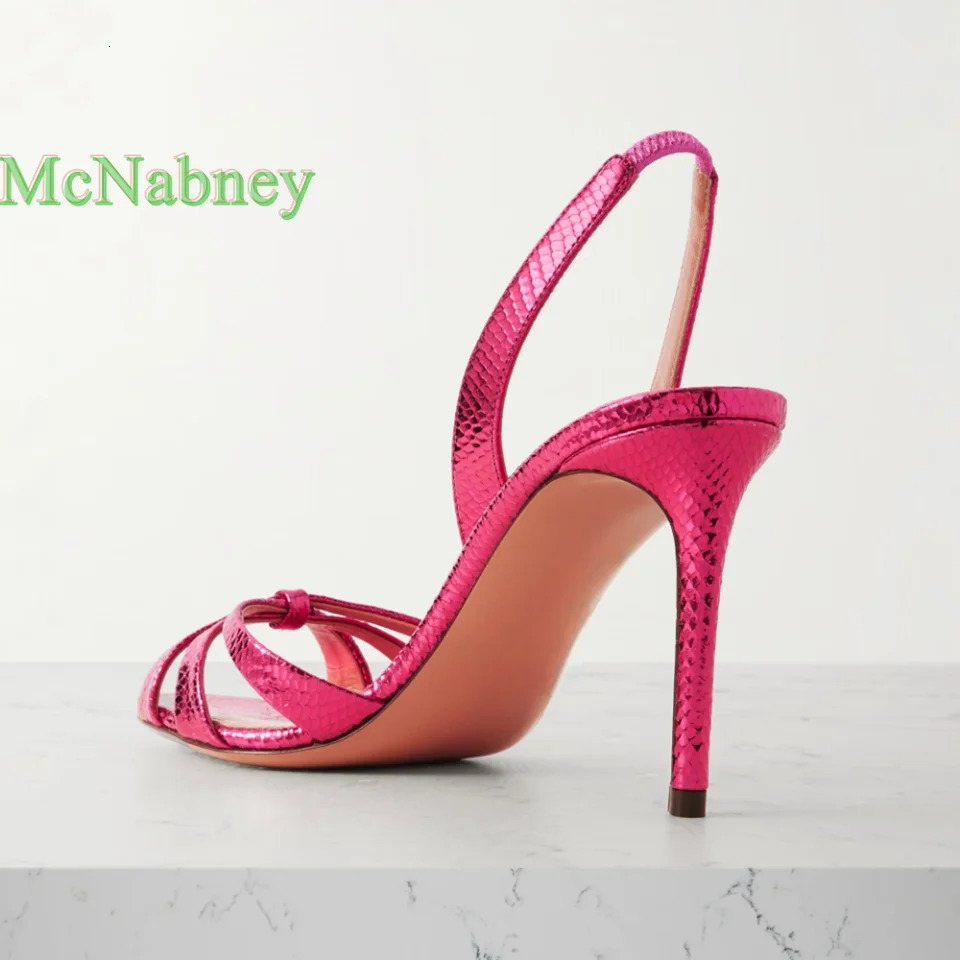 Pink Metallic Snakeskin Leather Sandals Cross Strsp Thin High Heels Round Open Toe Elastic Slingback Strap Solid Summer Shoes 250617