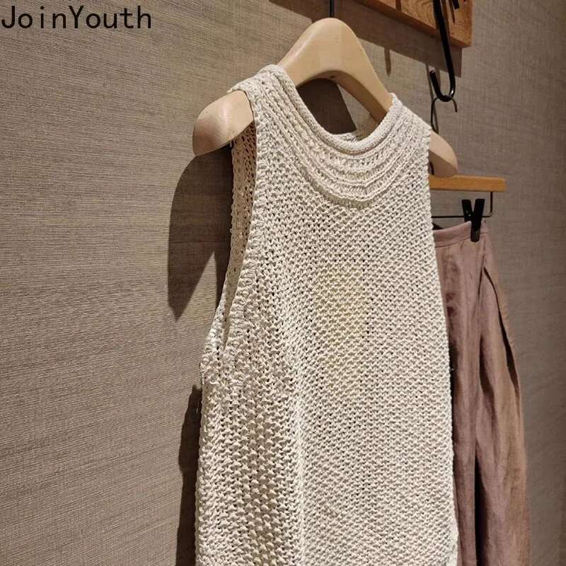 Fashion Crop Top Women Clothing Sleeveless O-neck Summer Tanks 2025 Ropa Mujer Casual Korean Camis Loose Hollow Out Knit Vest