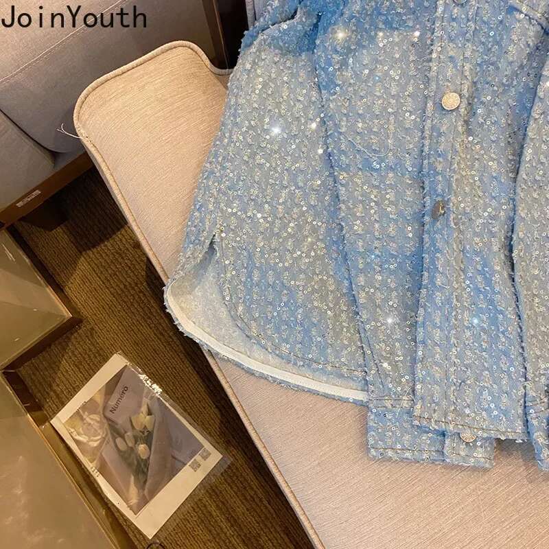 Streetwear Sequined Denim Coat 2025 Women Clothing Casual Korean Y2k Tops Ropa Mujer Long Sleeve Fashion Vintage Jackets 7o648