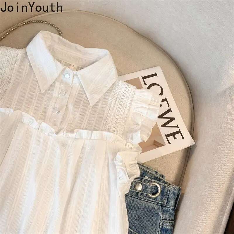 Summer Blouse Women Sleeveless Sweet Ruffles White Shirts 2025 Blusas Mujer De Moda Korean Fashion Loose Vintage Blouses Tops