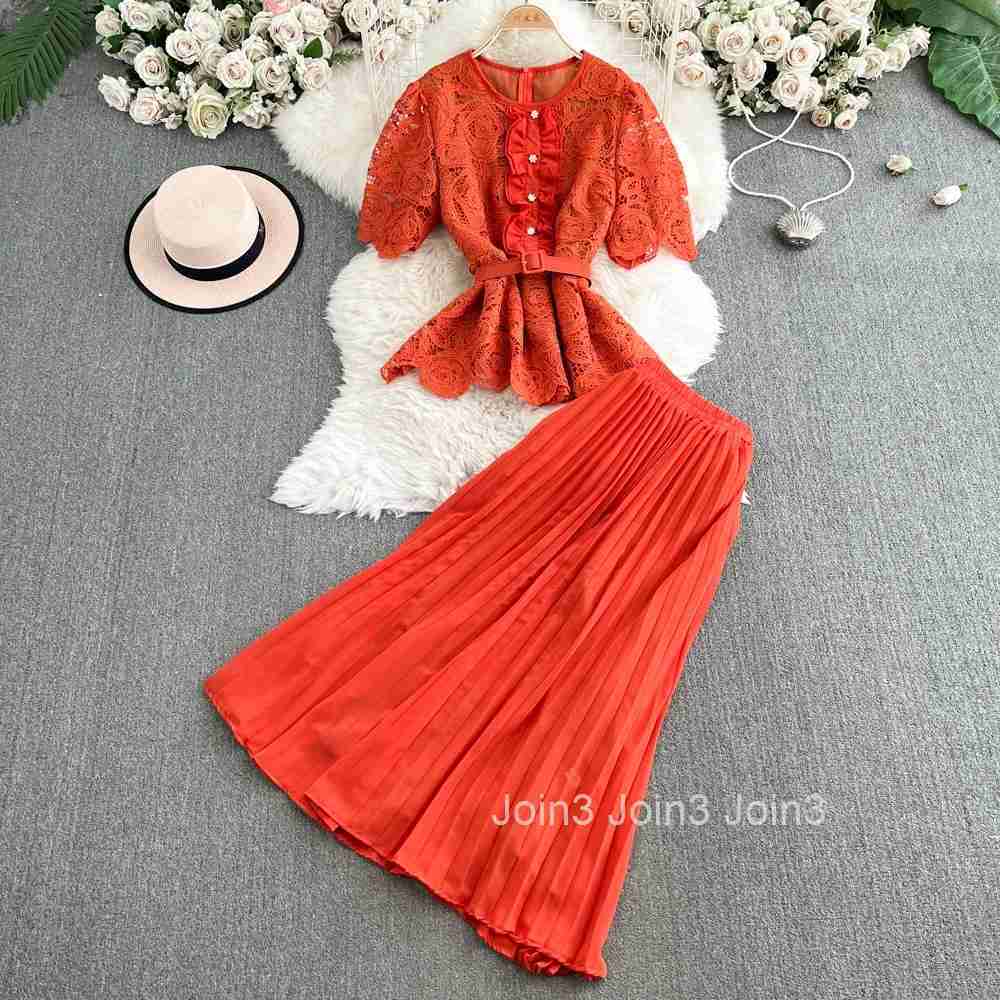 Skirt Suit 2 Piece Sets Womens Outfits Roupas Femme Slim Waist Lace Blouse High Waist Pleated Skirts Suit Vintage Summer Set