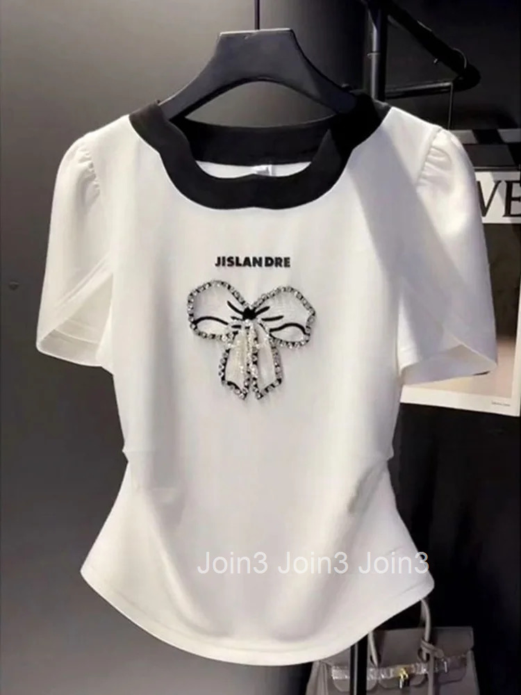 Short Sleeve O-neck Tshirts Women Clothing Summer White Tees 2025 Ropa Mujer Bow Diamond Vintage T Shirt Fashion Sweet T-shirt