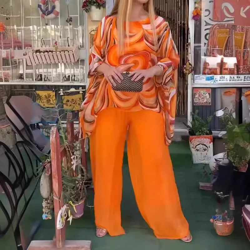 Colorful Pattern Printed Chiffon Outfits Long Sleeve Loose Top And Wide Leg Pants Set Women Elegant Two Piece Set Fashion Suits 250617
