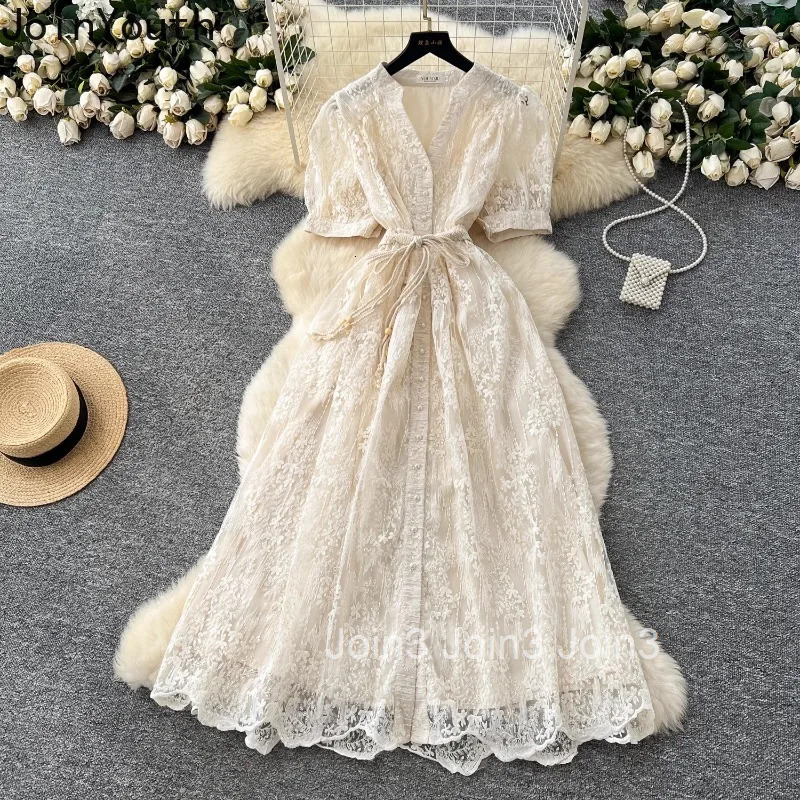 2025 Vestidos De Mujer Vintage Summer Dresses for Women Bandage Slim Waist Lace Robe Femme Chic Korean A-line Elegant Maxi Dress