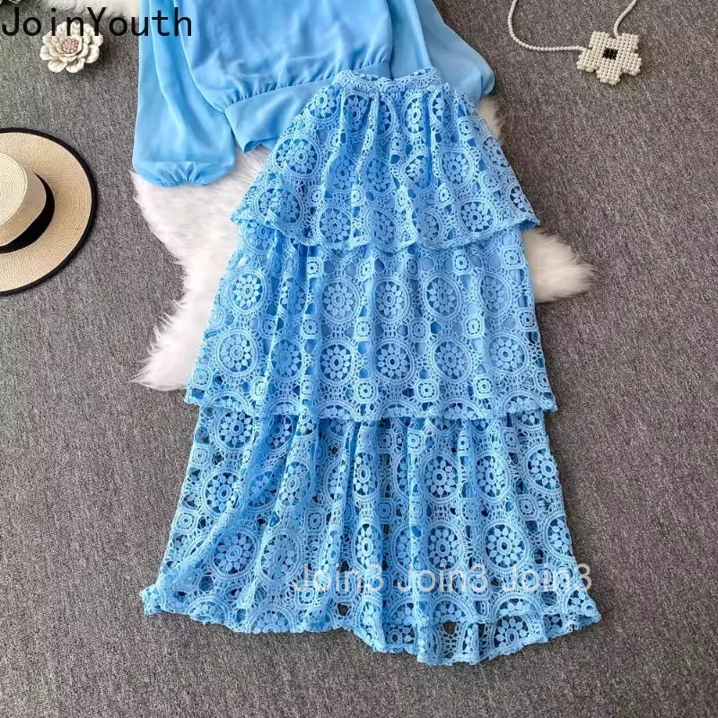 Two Piece Sets 2025 Women Clothing Slim Waist Puff Sleeve O-neck Tops A-line Lace Hollow Out Suit Fashion Summer Outfits 63e510
