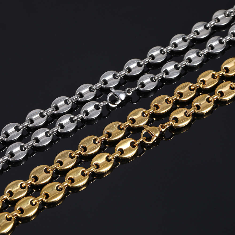 Hip Hop Real Gold Plated 8mm Coffee Bean Lobster Clasp Stainless Steel Pig Nose Button Necklace efee