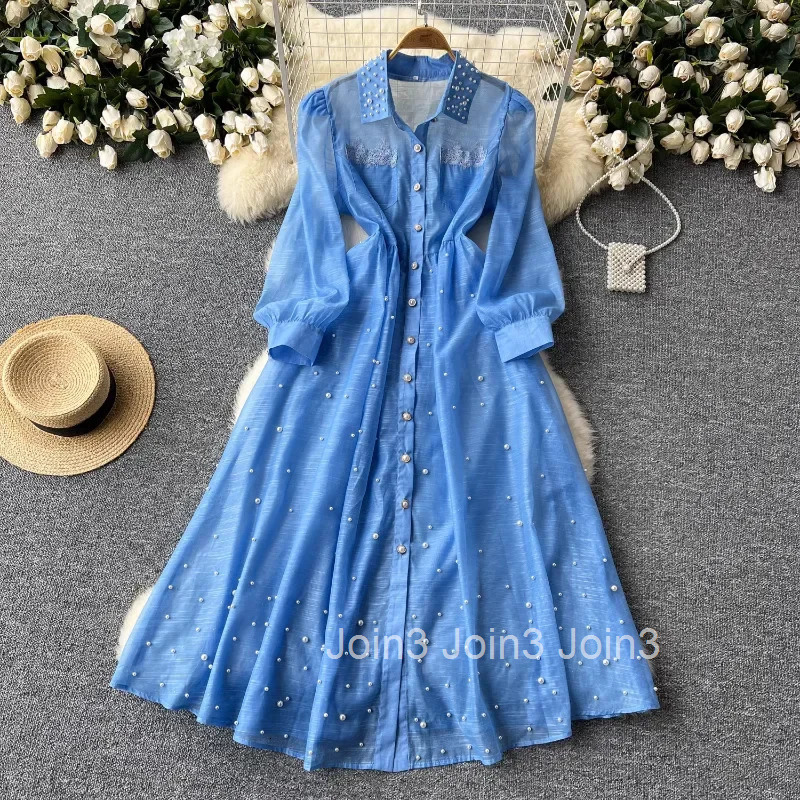 Vintage Robe Femme Heavy Beading Lapel Neck Maxi Dresses Sexy Bandage Slim Waist Bottoming Camisole Dress Women Two Piece Sets