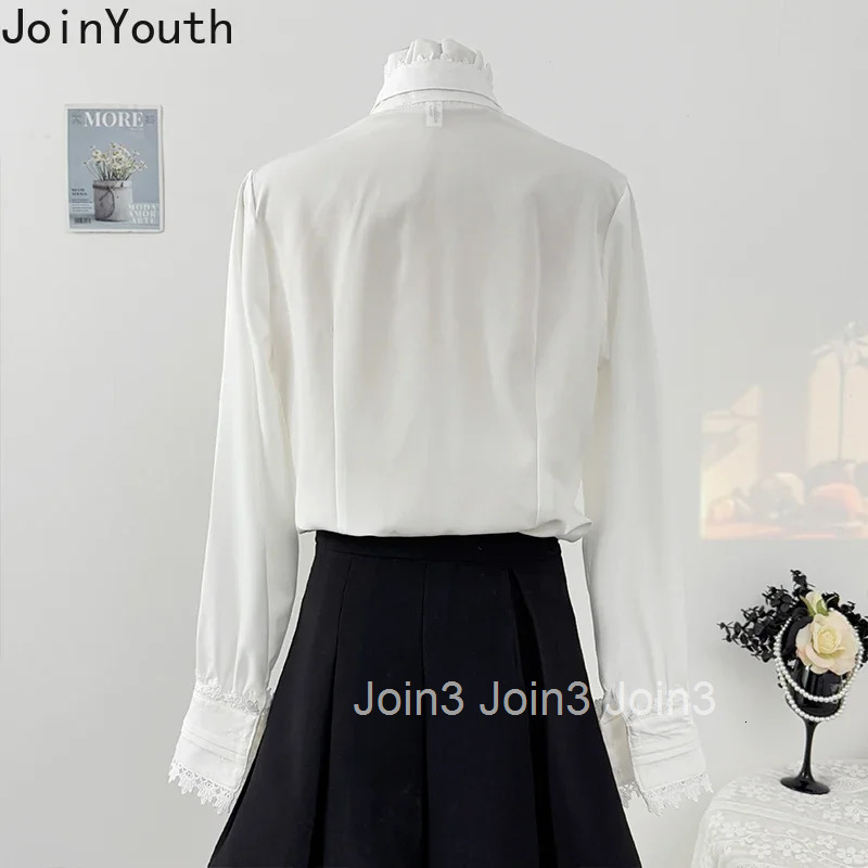 Lolita Style Women Tops Camisas De Mujer Bandage Bow Stand Neck Blouses Womens Clothing Patchwork Lace Vintage Blouse Shirts