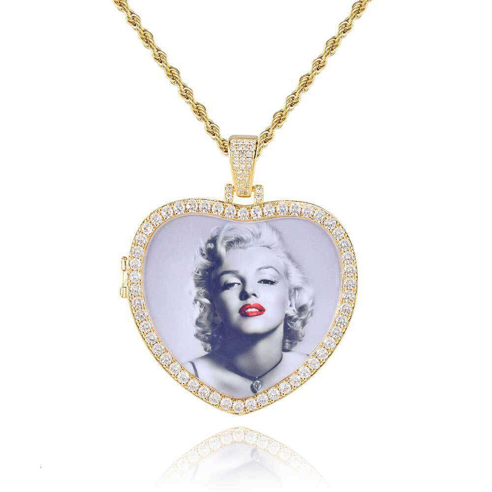 Hip Hop Hollow Flip Cover Heart Pendant Micro Paved Zircon Personality Photo Necklace 1405