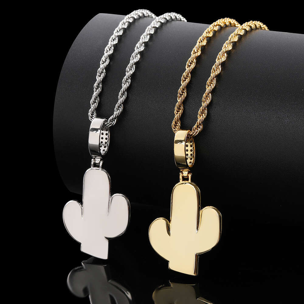 Micro Paved Zircon Solid Cactus Men's Pendant Real Gold Plated Street Fashion Brand Hip Hop Necklace 345f