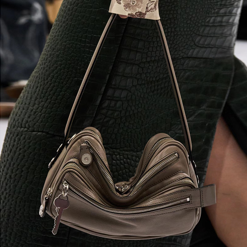 Free shipping designer bag Ins Internet Celebrity Same Style Genuine Leather Zipper Multi-pocket Handbag Shoulder Bag Crossbody Bag 2025 New Women Bag