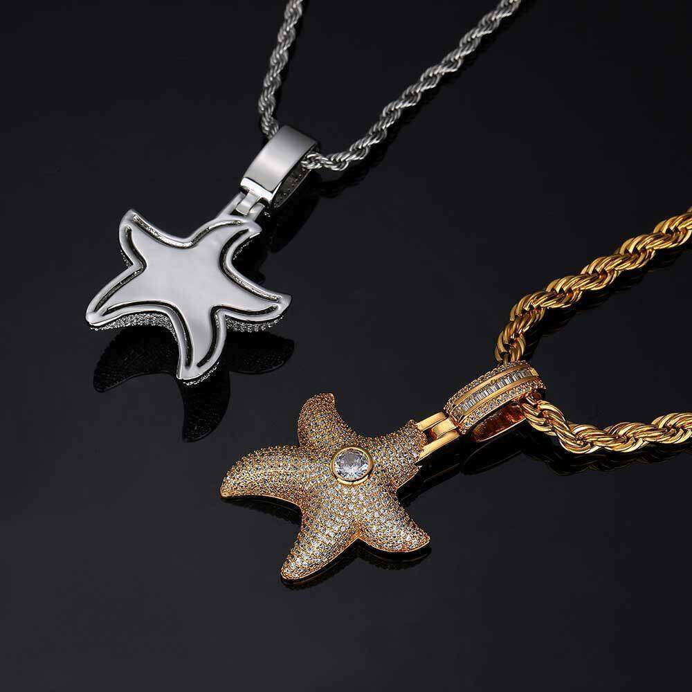 Hip Hop Micro Paved Zircon Pentagram Trendy Brand Personality Full Dia Starfish Pendant Men's Necklace adaa