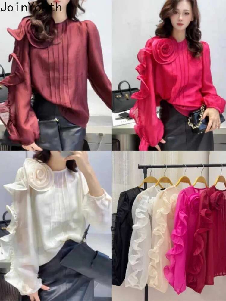 2025 Camisas De Mujer Chic Blouses for Women Temperament Lady Tops Solid Color 3D Floral Shirts Fashion Summer Vintage Blouse