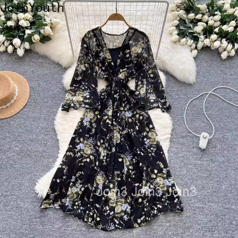 Dress for Women 2 Piece Set Flare Sleeve Floral Chiffon Dresses 2025 Vestidos De Mujer Vintage High Waist Temperament Robe Femme