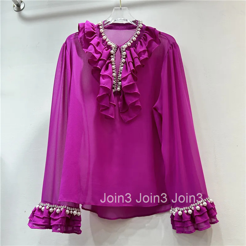 Temperament Lady Tops White Blouses for Women 2025 Camisas De Mujer Heavy Beading Hollow Out Ruffles Loose Chiffon Shirts 7p132
