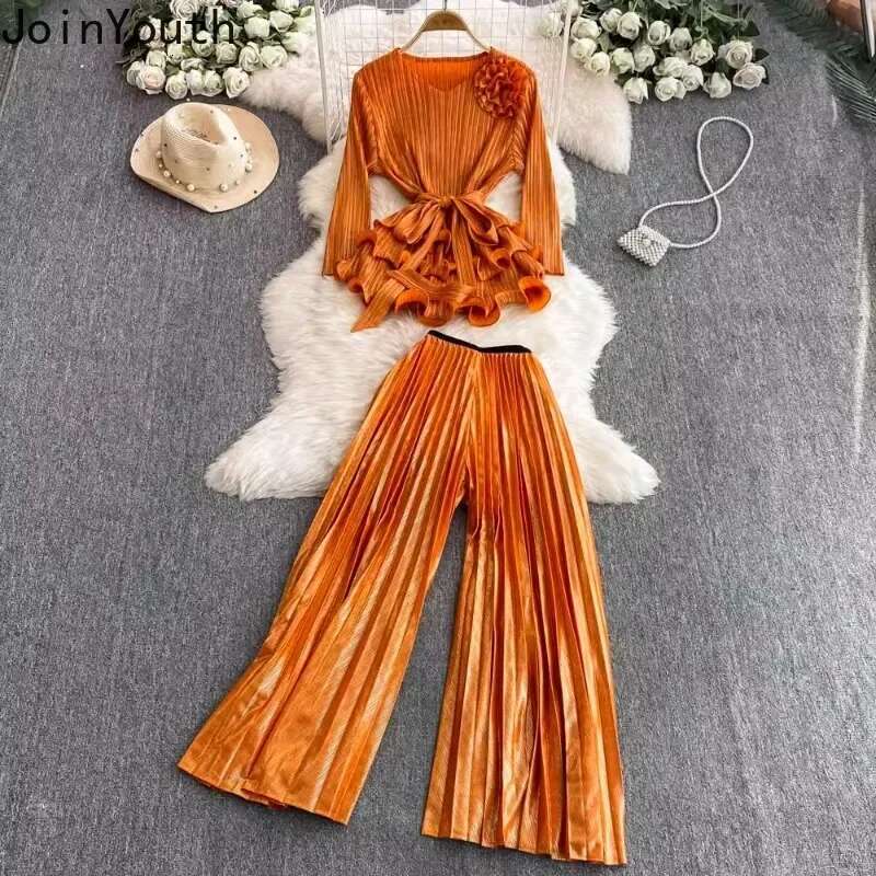 Two Piece Sets Womens Clothing V-neck Ruffles 3D Floral Blouses High Waist Pleated Wide Leg Pants Outfits Fashion Korean Suit