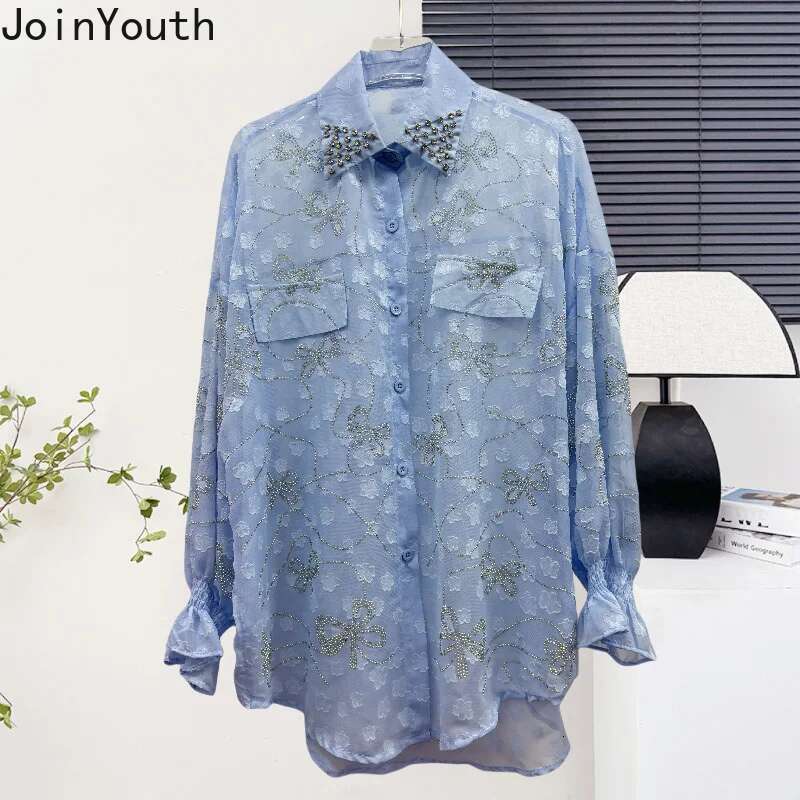 Summer Blouses Fashion Womens Clothing 2025 Blusas Mujer De Moda Long Sleeve Chiffon Diamond See Through Shirts Tops Female