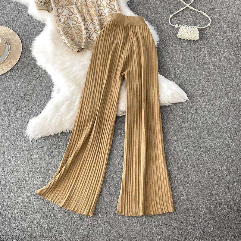 Designer Leisure High Quality Fashion casual suit women's summer new loose print round neck knitted T-shirt top+high waist slimming wide leg pant