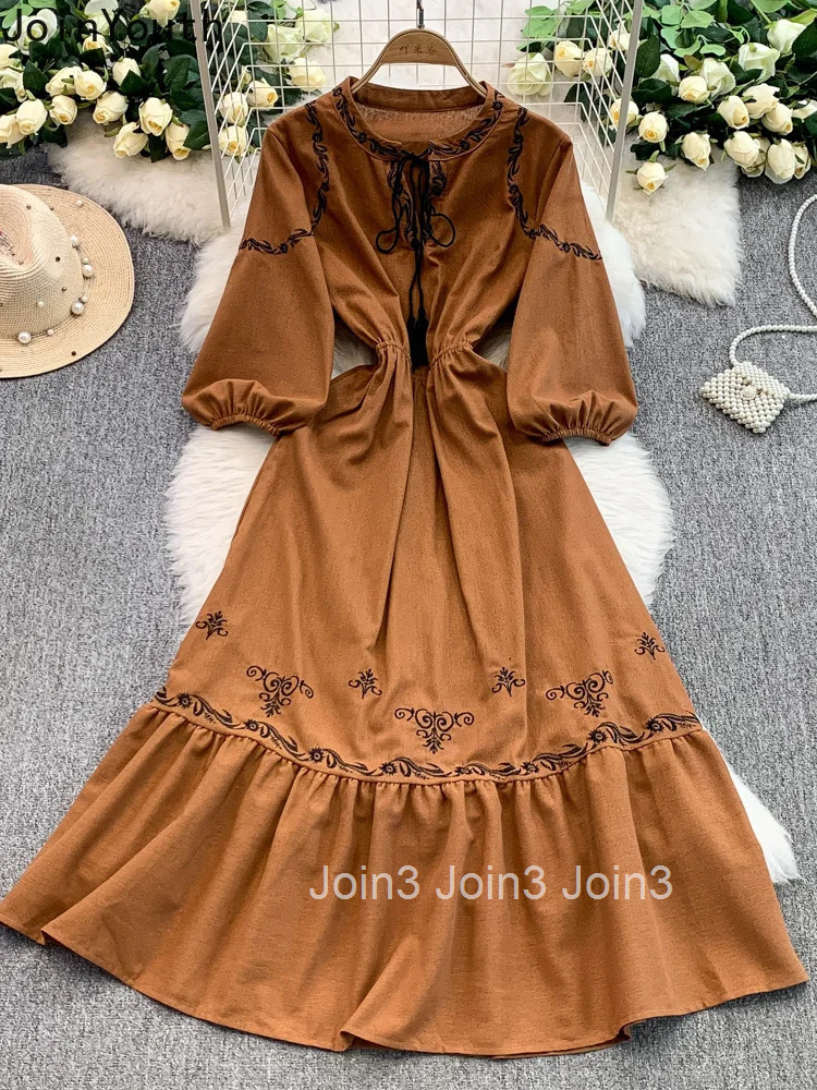 Vintage Woman Dresses 2025 Vestidos De Mujer Slim Waist Lantern Sleeve O-neck Robe Femme Embroidery Floral White Dress for Women