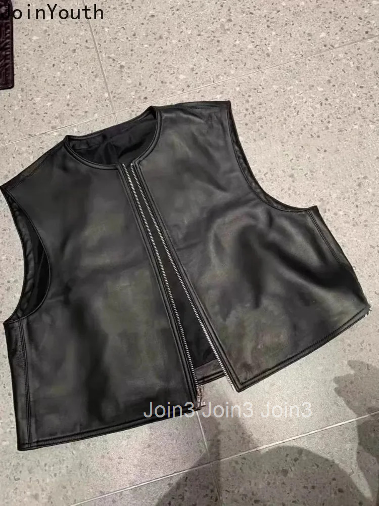 Sleeveless Vest Cardigan Women Clothing O-neck Zipper Leather Waistcoat 2025 Ropa Mujer Fashion Black PU Tanks Vintage Crop Top