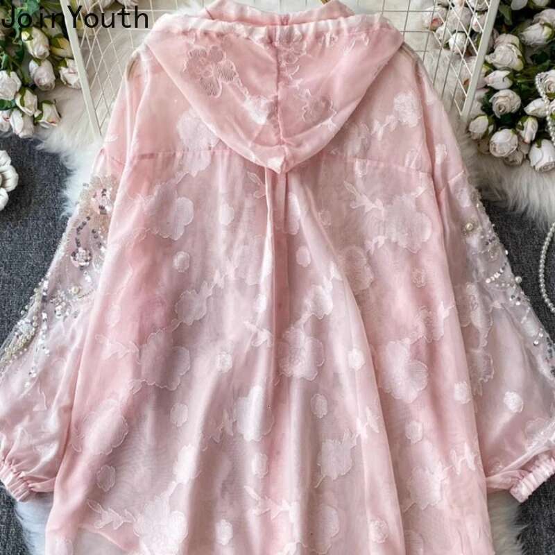 2025 Blusas Mujer De Moda Heavy Sequin Beading Blouse Womens Clothing Long Sleeve Loose Hooded Shirts Temperament Tops Female