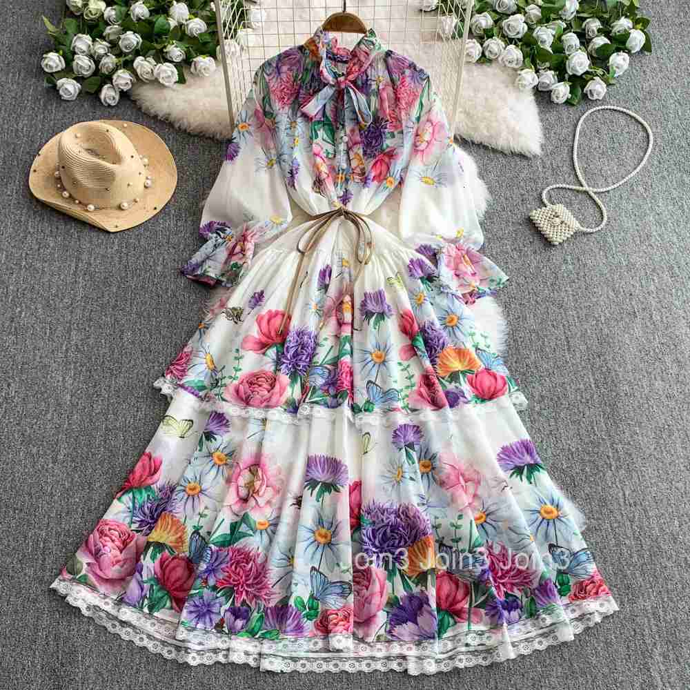 Maxi Dresses Womens Clothing Bandage Slim Waist Floral Robe Femme Bow Single Breasted Lace Summer Dress 2025 Vestidos De Mujer