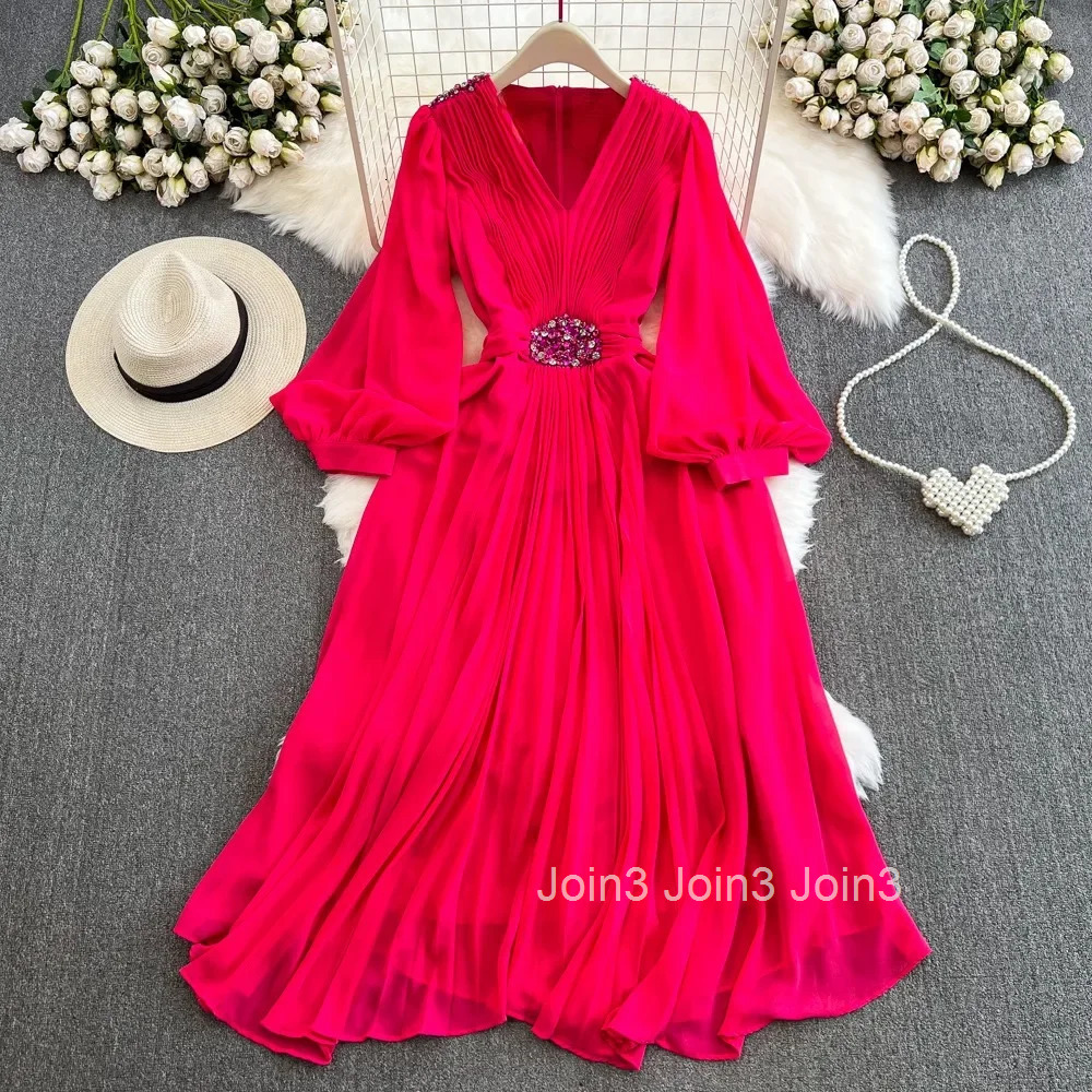 Elegant Maxi Dresses Holidays Chic Ropa Mujer V Neck Lantern Sleeve Chiffon Slim Waist Vestido Femme Pleated Big Swing Dress