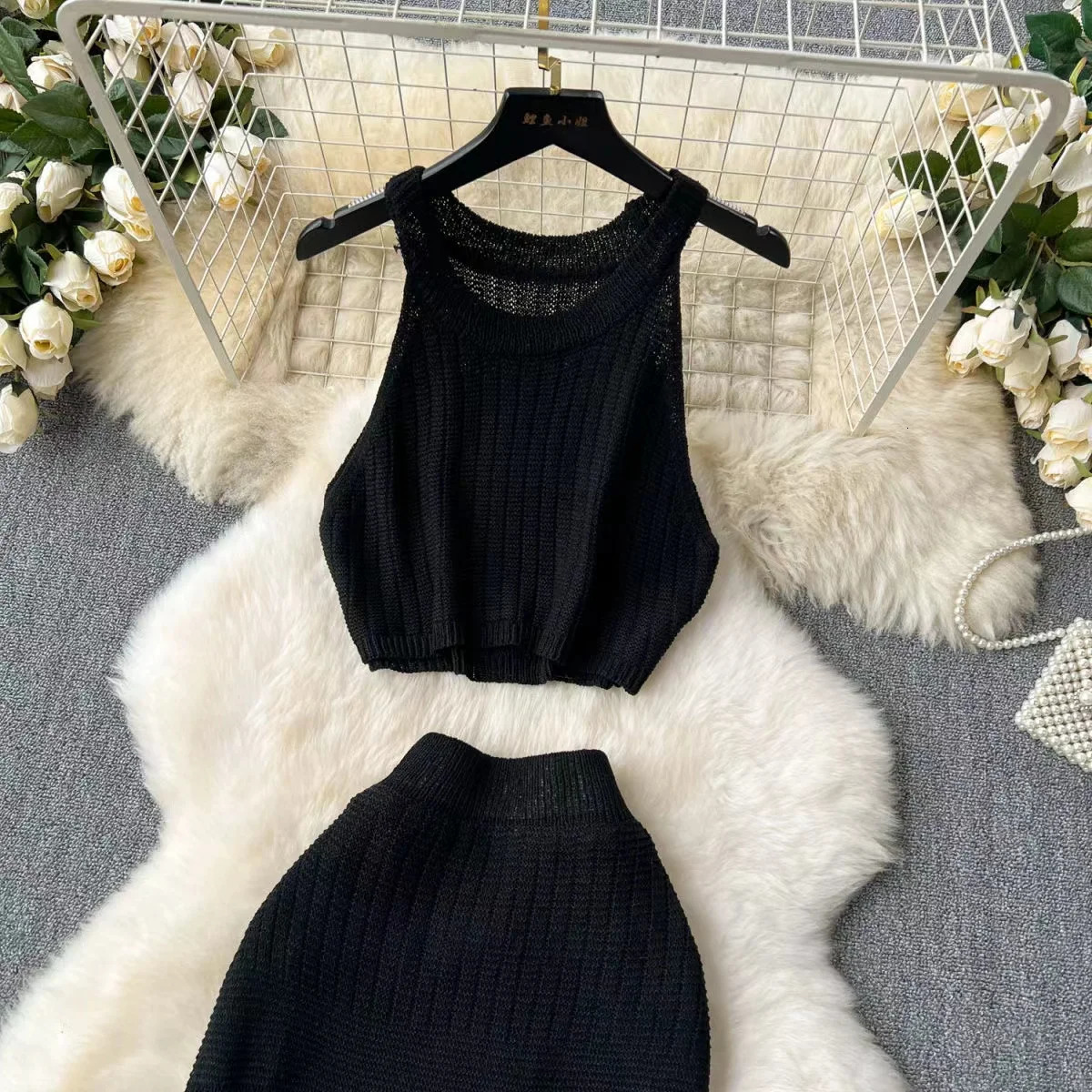 Style Knitting Solid Color Tank Top Texture Slit Dress Ladies Beach Sunscreen Suit Hollow Out Beachwear Cover Up 250616