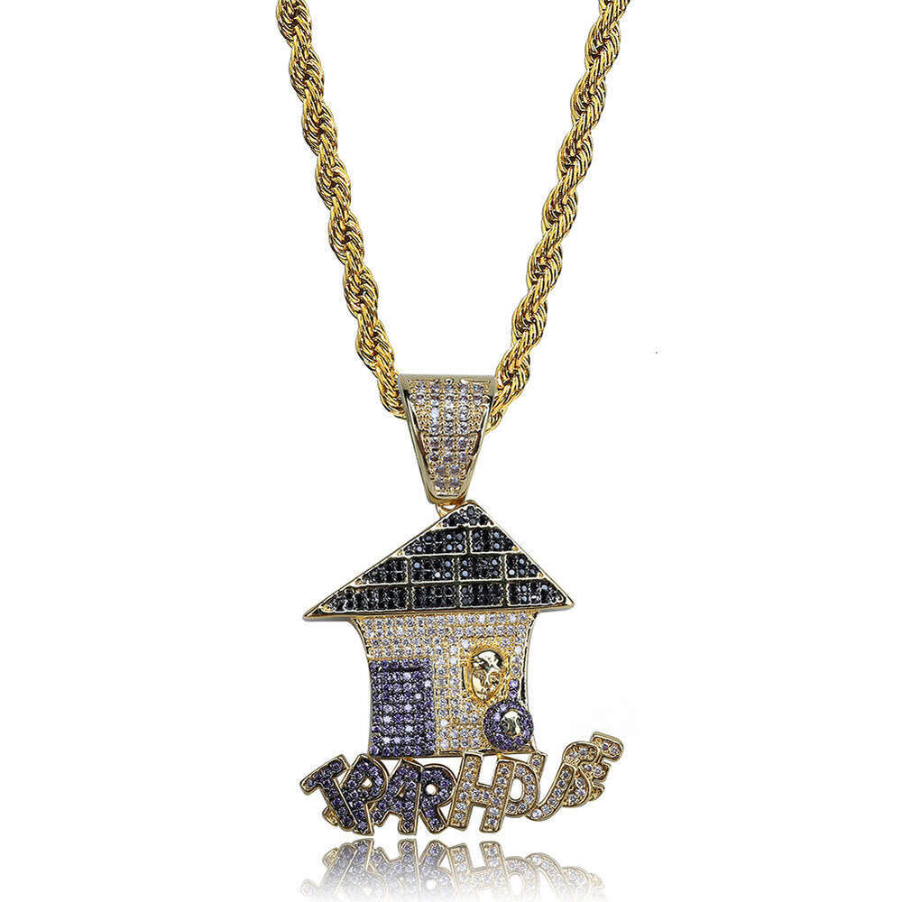 Fun Cute Cartoon Christmas House Colorful Micro Paved Zircon Pendant Unisex Hip Hop Trend Necklace