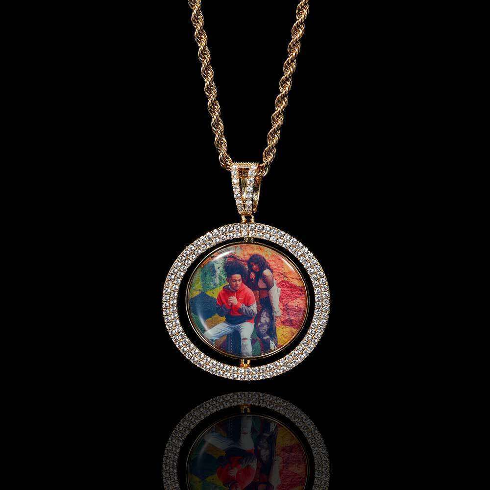 Memory Rotatable Large Double-Sided Round Photo Hip-Hop Pendant Micro-Paved Zircon Hollow Frame Necklace aa09