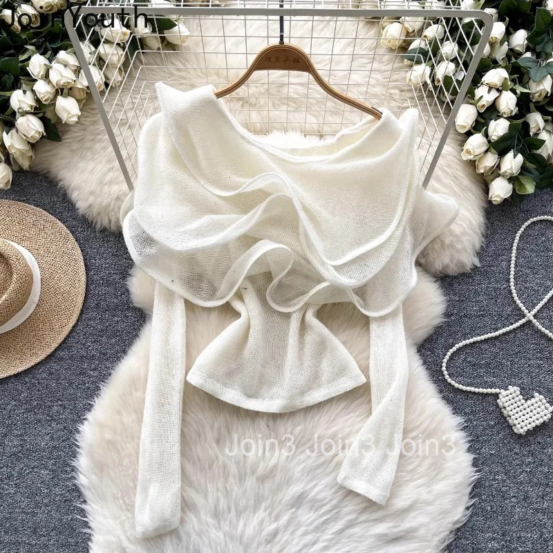 Korean Jumper Ruffles Slash Neck Pullovers Womens Clothing Long Sleeve Tunic Sueter Mujer Off Shoulder Knitted Sweater Tops