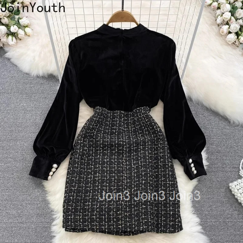 2025 Vestidos De Mujer Contrast Color Dresses for Women Stand Neck Temperament Robe Femme Slim Waist Double-breasted Tweed Dress