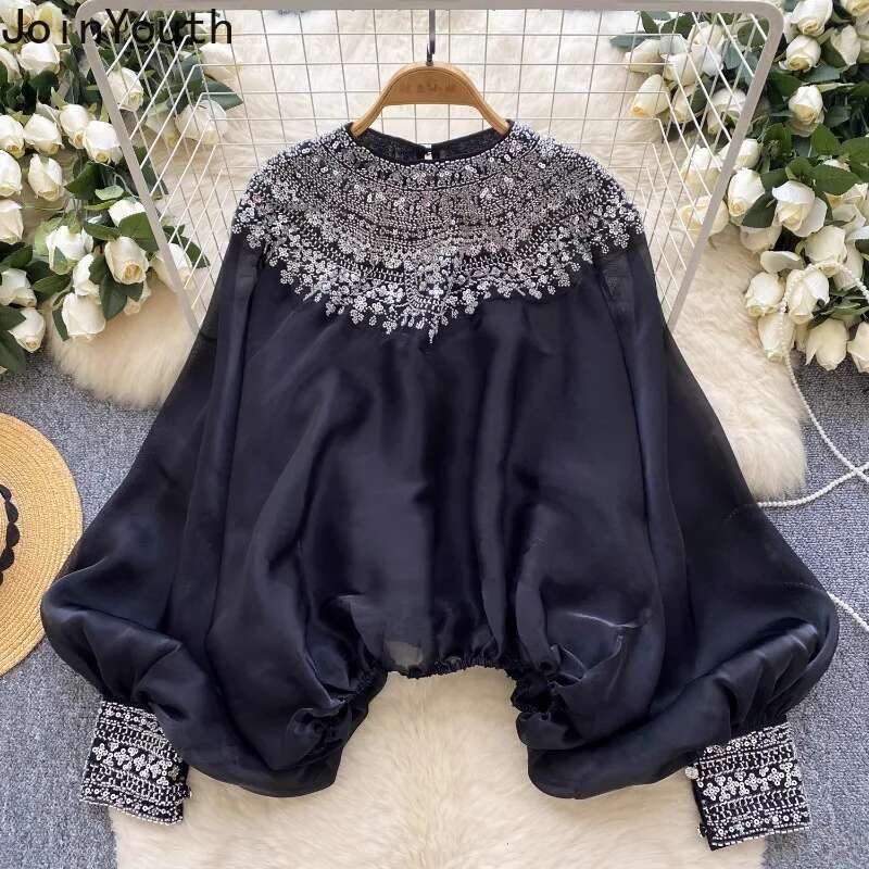 Camises De Mujer Heavy Beading Blouses for Women Lantern Sleeve Loose Shirts Solid Color Vintage Summer Blouse Temperament Tops