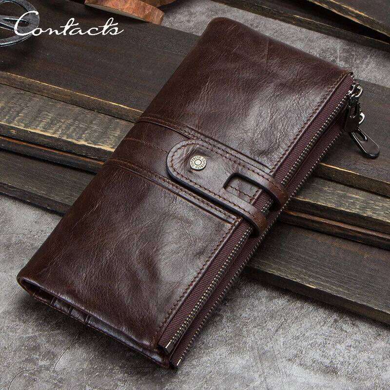 Designer bag CONTACT'S Genuine Leather Long Wallets for Men Vintage Card Holder Coin Purses Money Clips Phone Pocket Male Name Engrave Wallet