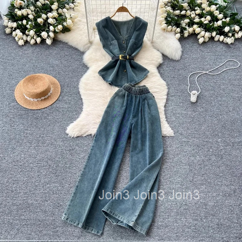 Chic Women Clothing Denim 2 Piece Sets V-neck Sleeveless Vest Tops Straight High Waist Wide Leg Pants Suit Casual Summer Outfits