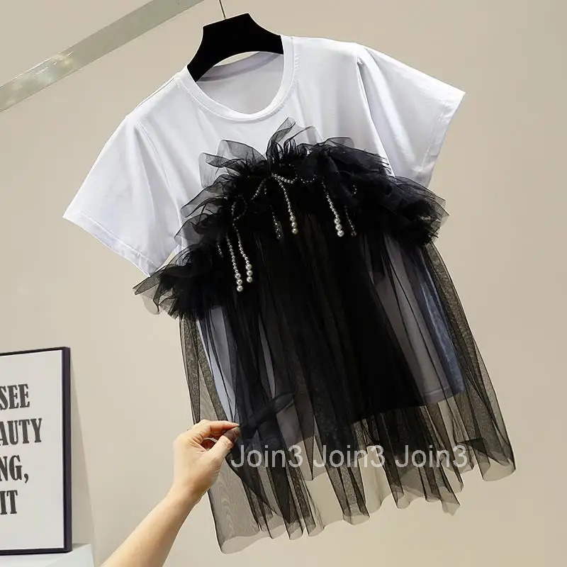 Women Clothing Summer T Shirts Short Sleeve O-neck Tees Fashion Fake Two Camisetas Patchwork Gauze Beading Ruffles Sweet Tshirt