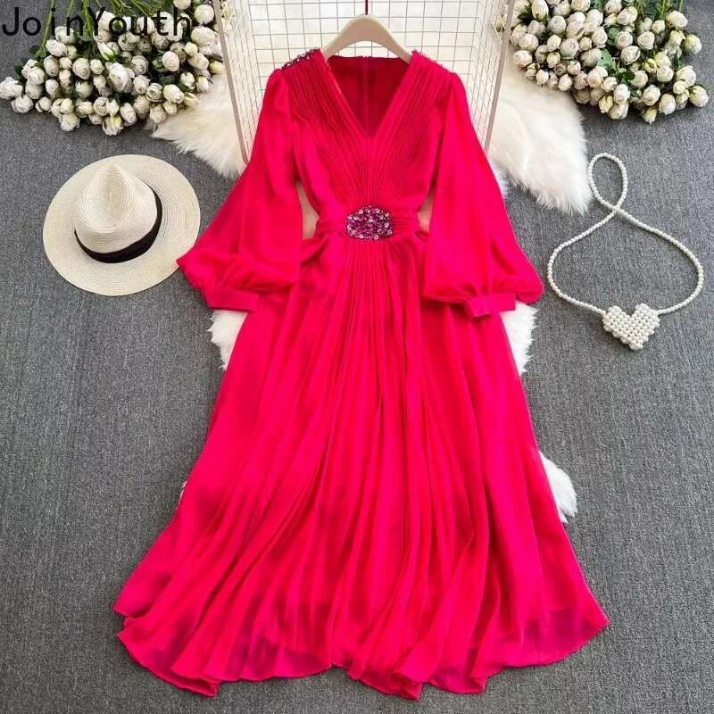 Elegant Maxi Dresses Holidays Chic Ropa Mujer V Neck Lantern Sleeve Chiffon Slim Waist Vestido Femme Pleated Big Swing Dress
