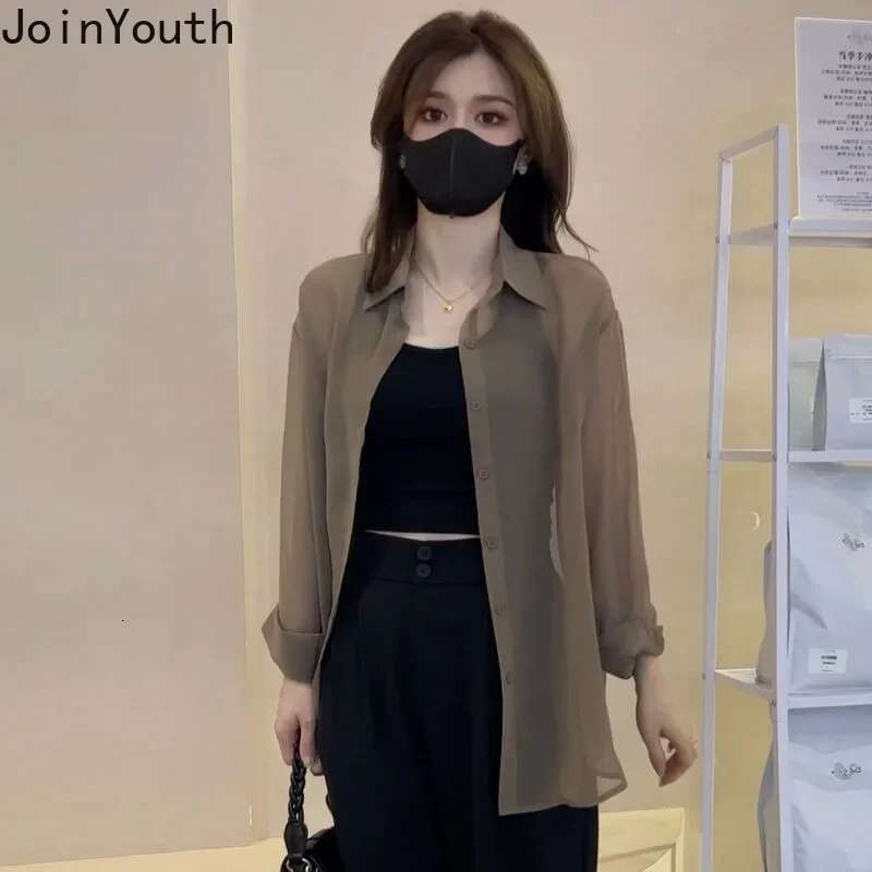 Summer Long Sleeve Blouses for Women Fashion Chiffon Temperament Lady Tops 2025 Blusas Mujer De Moda See Through Chiffon Shirts