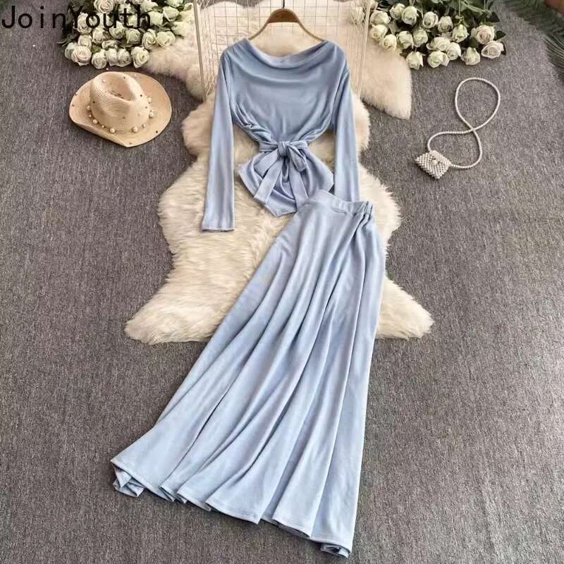 Korean 2 Piece Sets Womens Outfits Roupas Femme Slash Neck Bandage Slim Waist Tops Big Swing High Waist Skirt Suit Summer Set