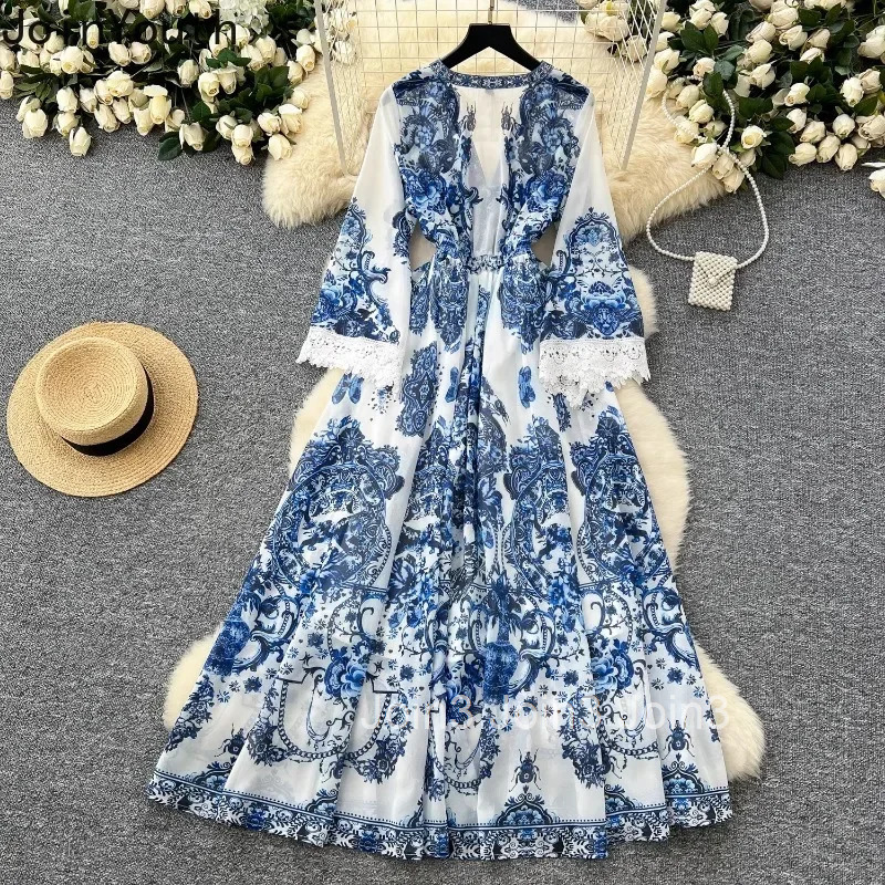 2025 Vestidos De Mujer Floral Dresses Women Clothing V-neck Flare Sleeve High Waist Robe Femme Vintage Summer Eleganr Maxi Dress