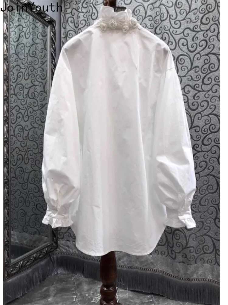 White Blouse Women Clothing Heavy Beading Long Sleeve Shirts 2025 Camisas De Mujer Ruffles Stand Neck 3D Floral Temperament Tops