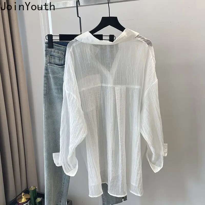 White Blouses for Women Oversized Tops Long Sleeve Korean Fashion Summer Shirts See Through Blouse Blusas Mujer De Moda 2025