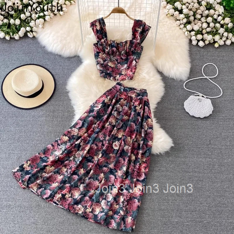 Skirt Suit Women Clothes Fashion 2 Piece Sets Roupas Femme Tunic Vest High Waist A-line Big Swing Skirt Outfits Print Summer Set