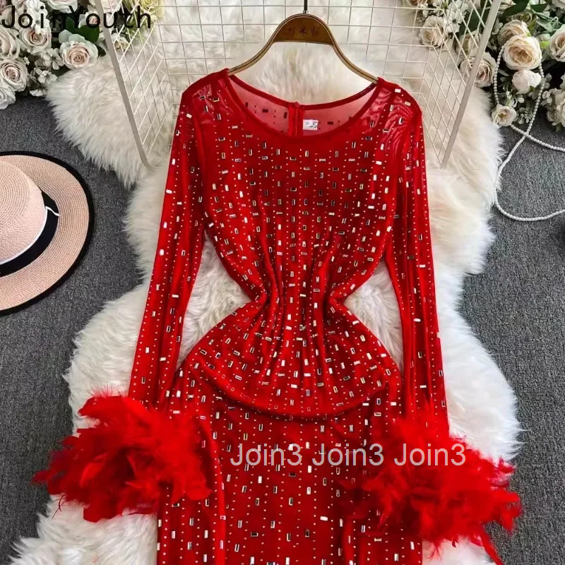 Maxi Dresses for Women O-neck Slim Waist Temperament Robe Femme Gauze Diamond Feather Sexy Party Dress 2025 Vestidos De Mujer