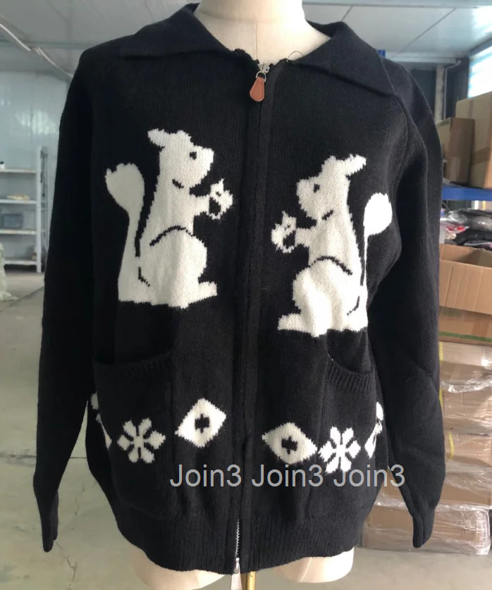 Rabbit Print Black Cardigan Women Thicked Casual Pull Femme Korean Fashion Sueter Mujer Hooded Zipper Knitted Sweater Jackets