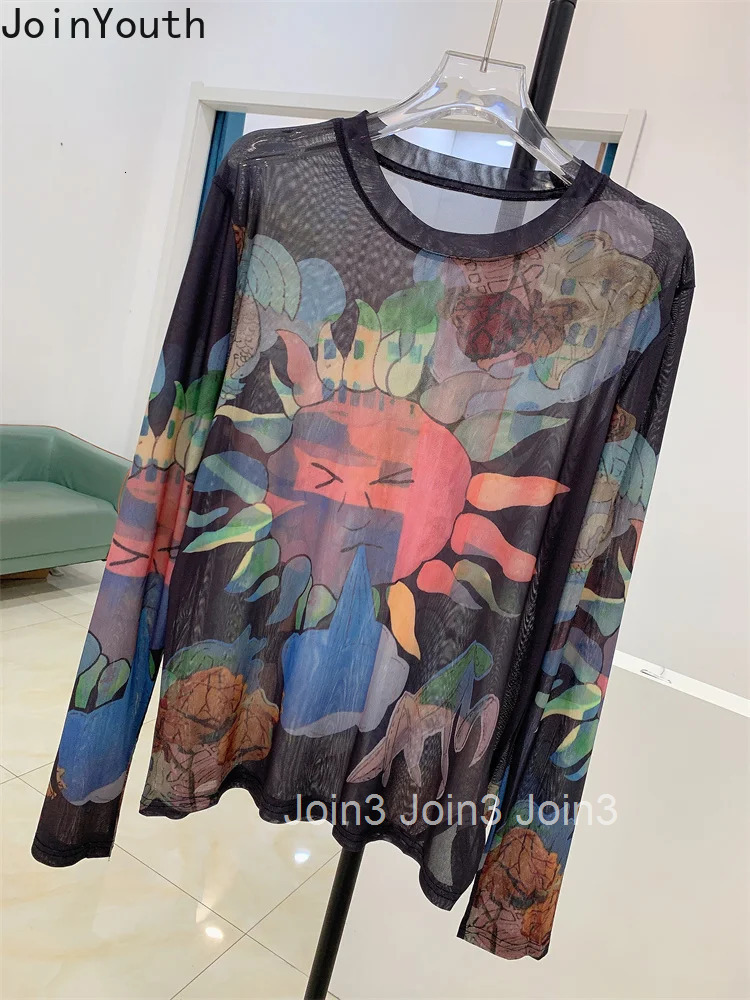 Fashion Woman Tshirts Y2k Tops 2025 Ropa Mujer Sexy Gauze Print Camisetas Long Sleeve See Through T-shirt Casual Summer Tees