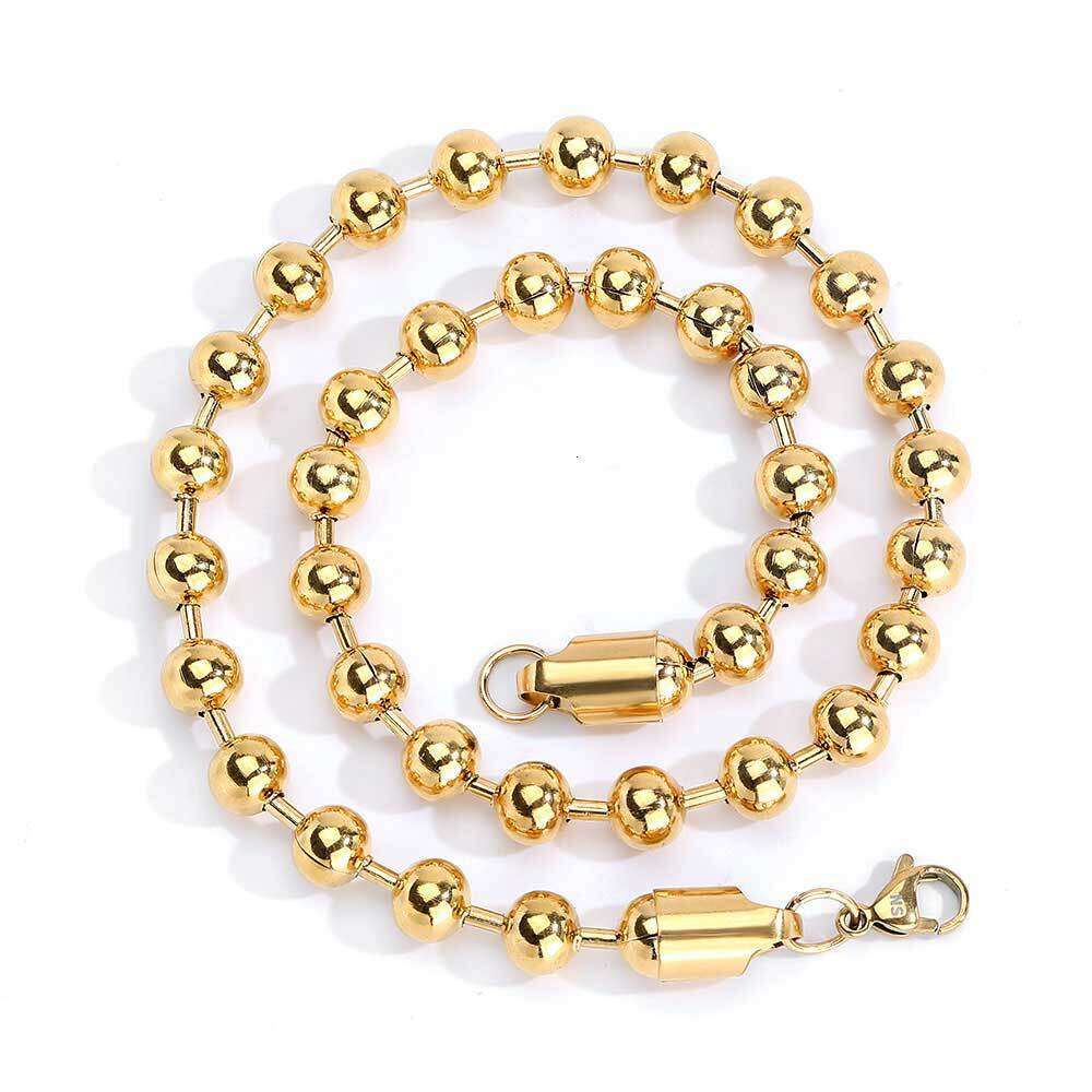 8mm Glass Round Bead Chain Stainless Trendy Hip Hop Titanium Steel Jewelry Men's Necklace 36be