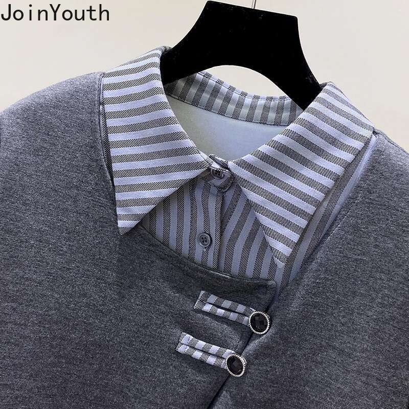 2025 Ropa Mujer Fake Two Hoodies Womens Clothing Patchwork Striped Sweatshirts Casual Fashionoversized Hoodie Vintage Y2k Tops